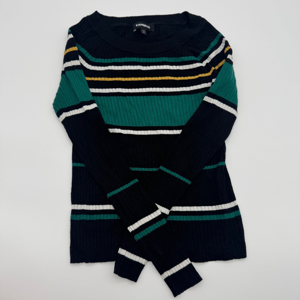 Express Womens Ribbed Knit Striped‎ Long Sleeve Sweater Black Teal Green Medium
